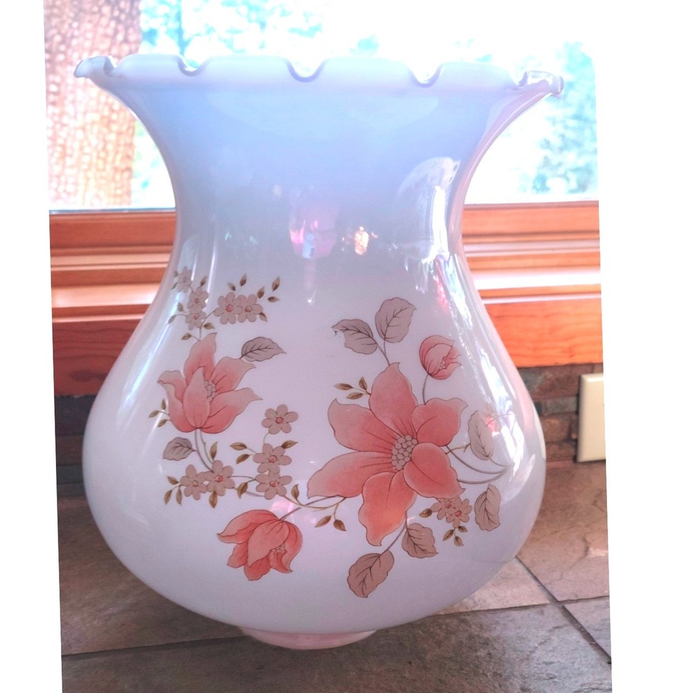 Vintage Milk Glass Hurricane Lamp Shade Ruffled Floral GWTW Replacement 11 inch